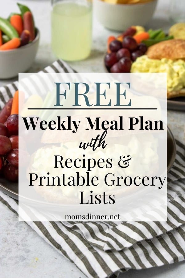 egg salad image with text overlay - free weekly meal plan with recipes and free printable grocery list