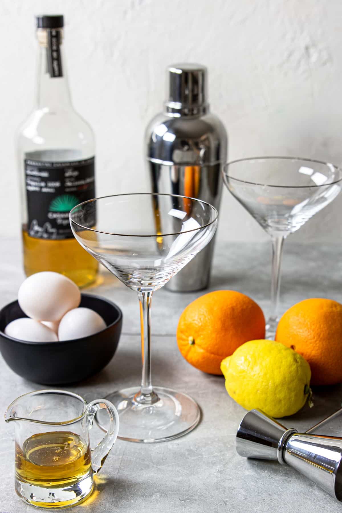 Ingredients and equipment to make a tequila sour recipe