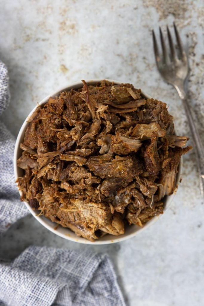 overhead view of pulled pork in a bowl