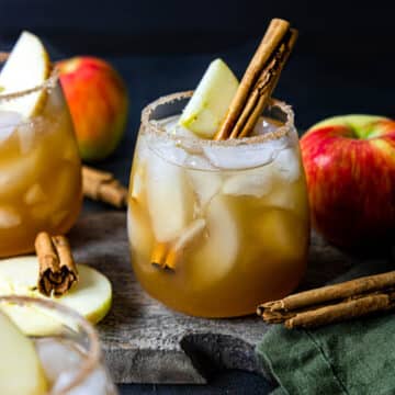 Apple Cider Margarita Cocktail in a glass with apple slice and cinnamon sitcks