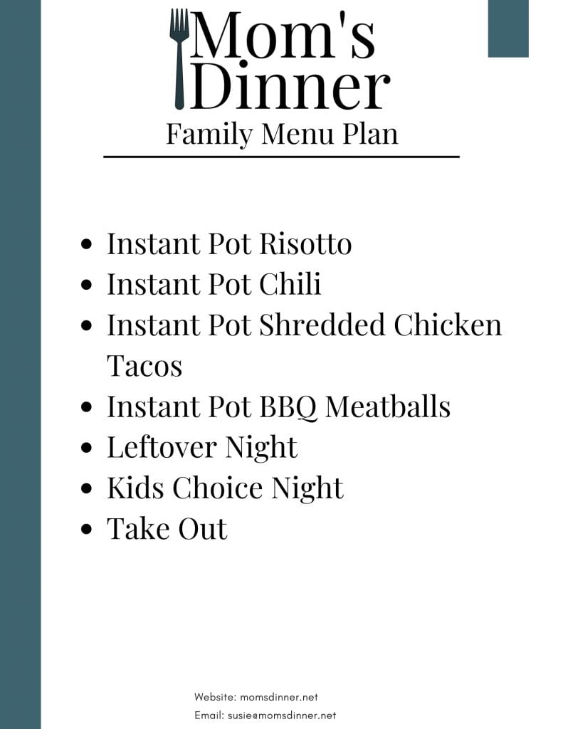 List of dinners for the Instant Pot Meal Plan