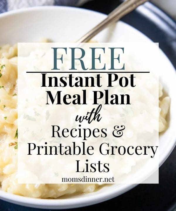 a picture of instant pot risotto with meal plan text overlay