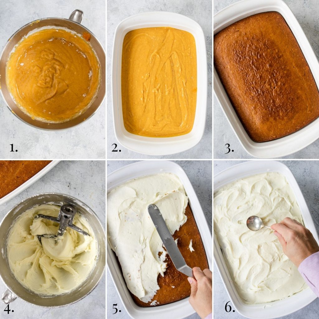 Steps for making pumpkin bars with cream cheese icing, collage, steps 1-6