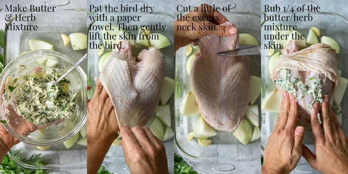 first four steps of prepping a turkey breast for the oven