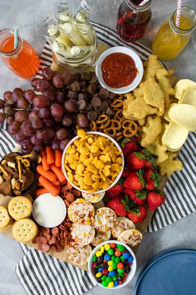 kids charcuterie board filled with kid friendly food