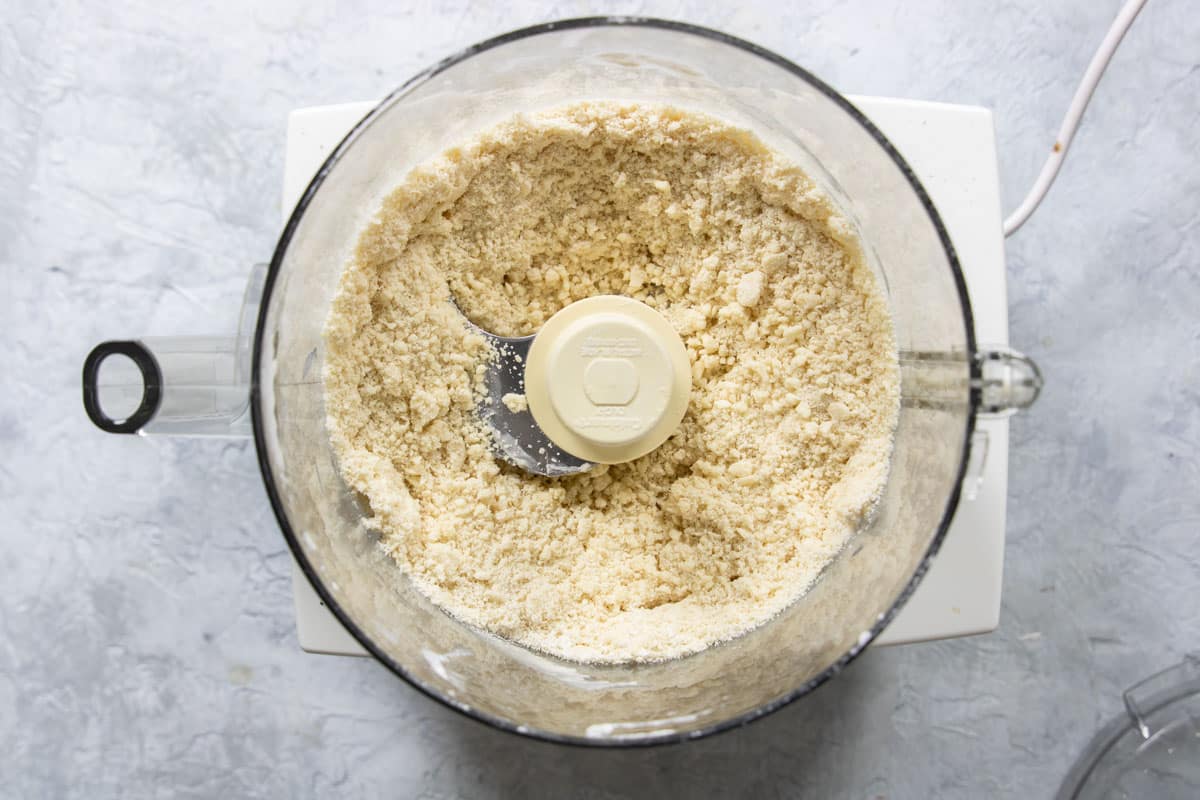 crumbled flour and butter in a food processor