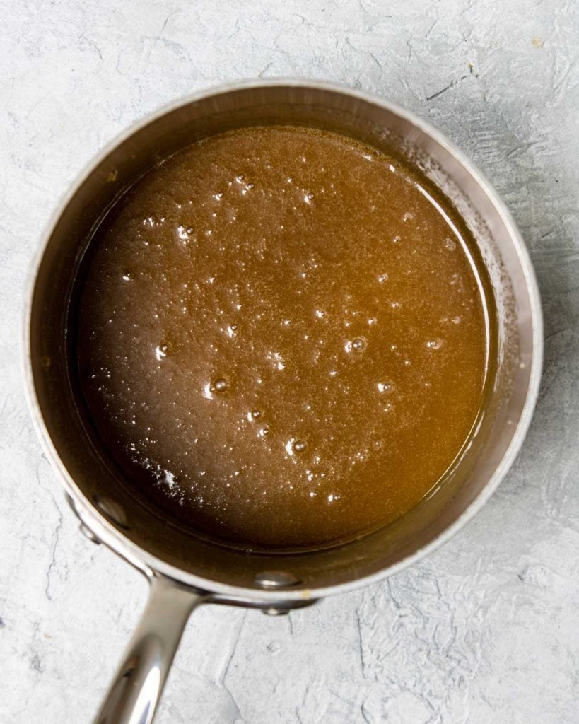 caramel sauce bubbling in a saucepan