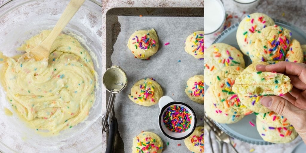 funfetti cookie dough, dough on baking sheet ready for the oven and a baked cookie broken in half