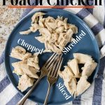 poached chicken on a plate with text for pinterest