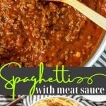 spaghetti with meat sauce and a skillet full of sauce with pinterest text
