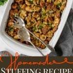 stuffing in a baking dish with pinterest text overlay