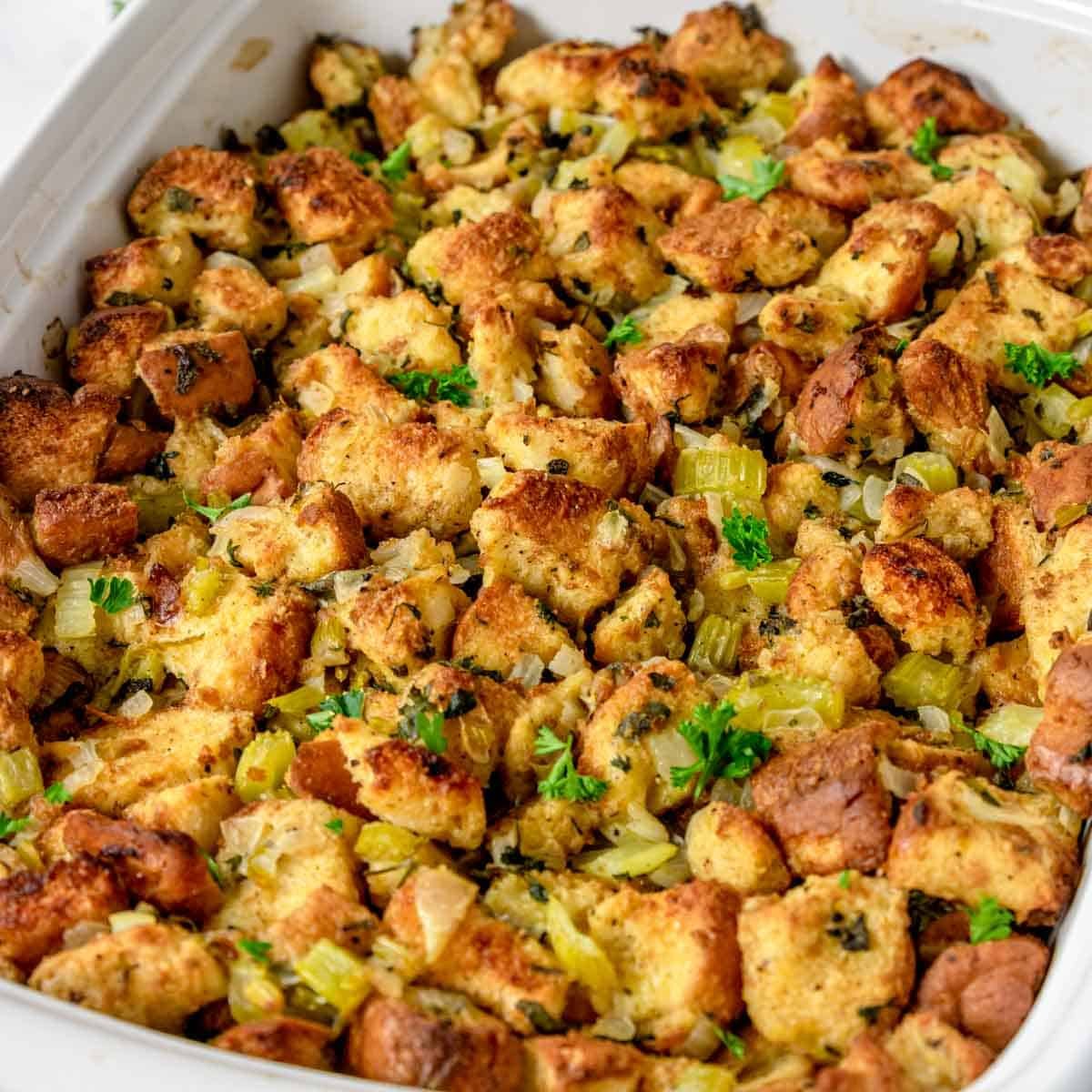 homemade stuffing in a baking dish