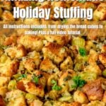 A large pan of stuffing with text overlay for Pinterest.