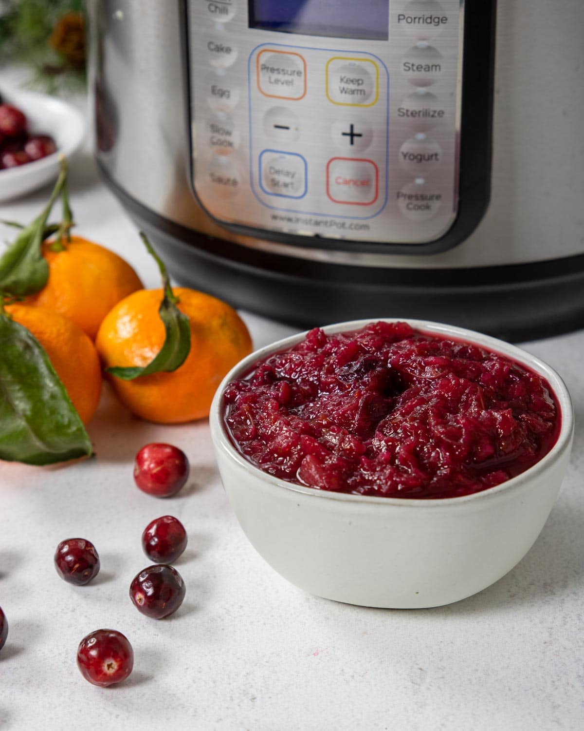 A bowl of cranberry sauce and an electric pressure cooker in the background