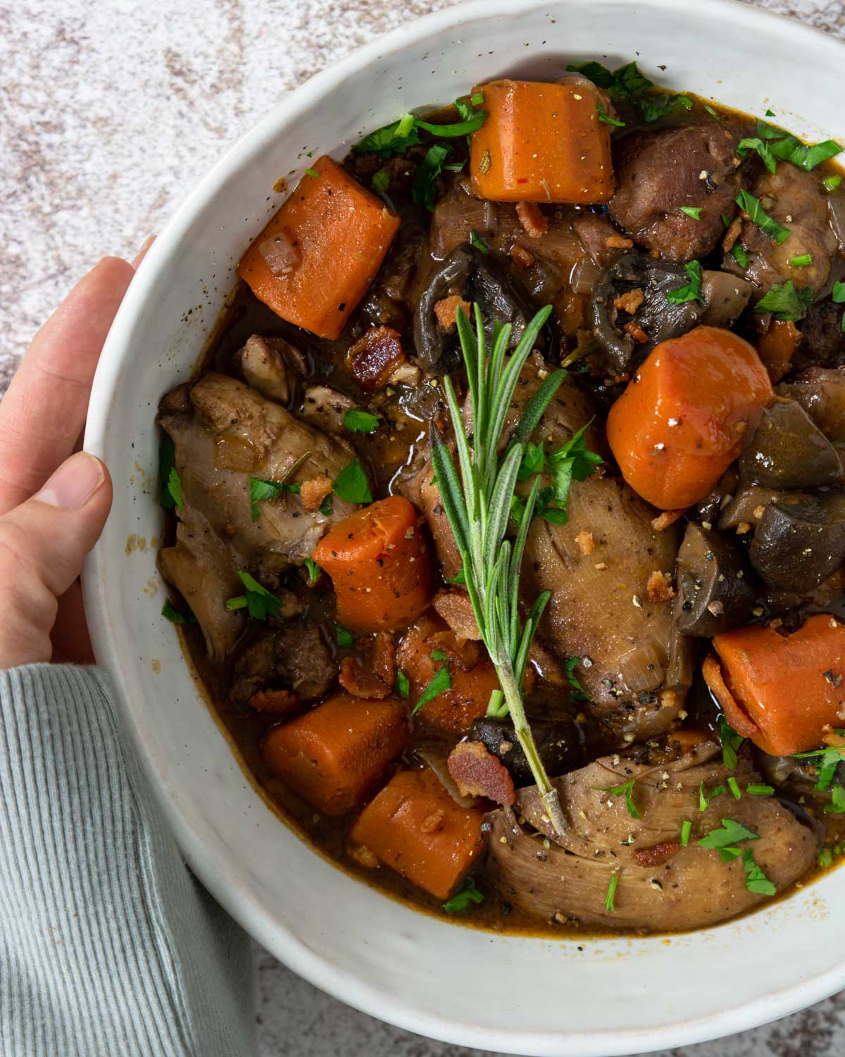 A big bowl of Coq Au Vin topped with rosemary sprig