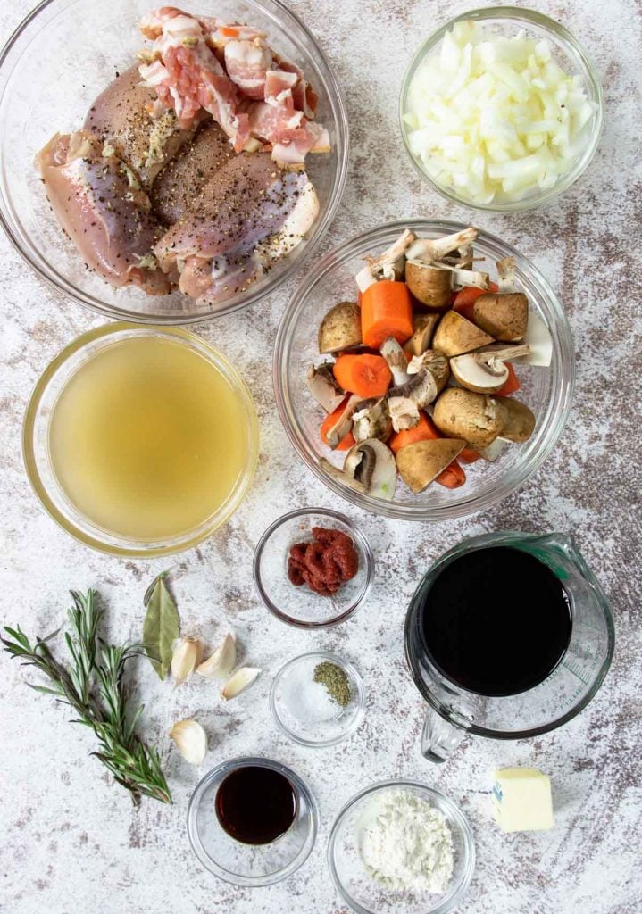 Ingredients laid out for Coq Au Vin