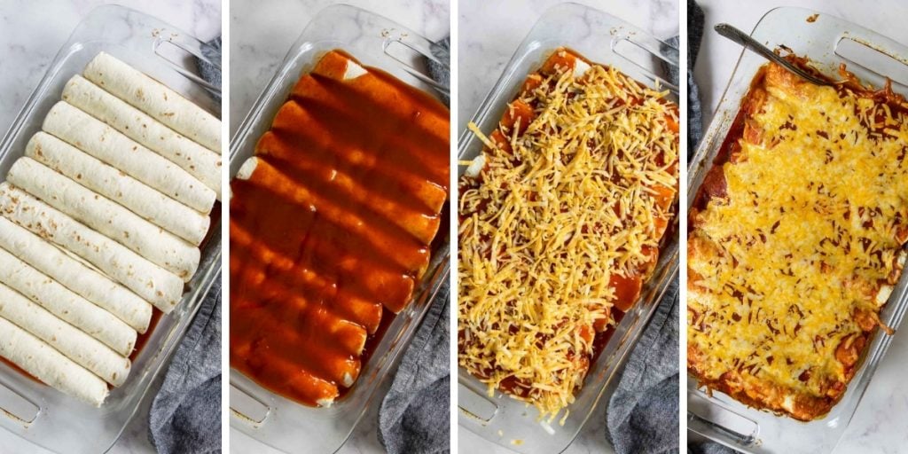 steps for prepping the casserole pan for enchiladas
