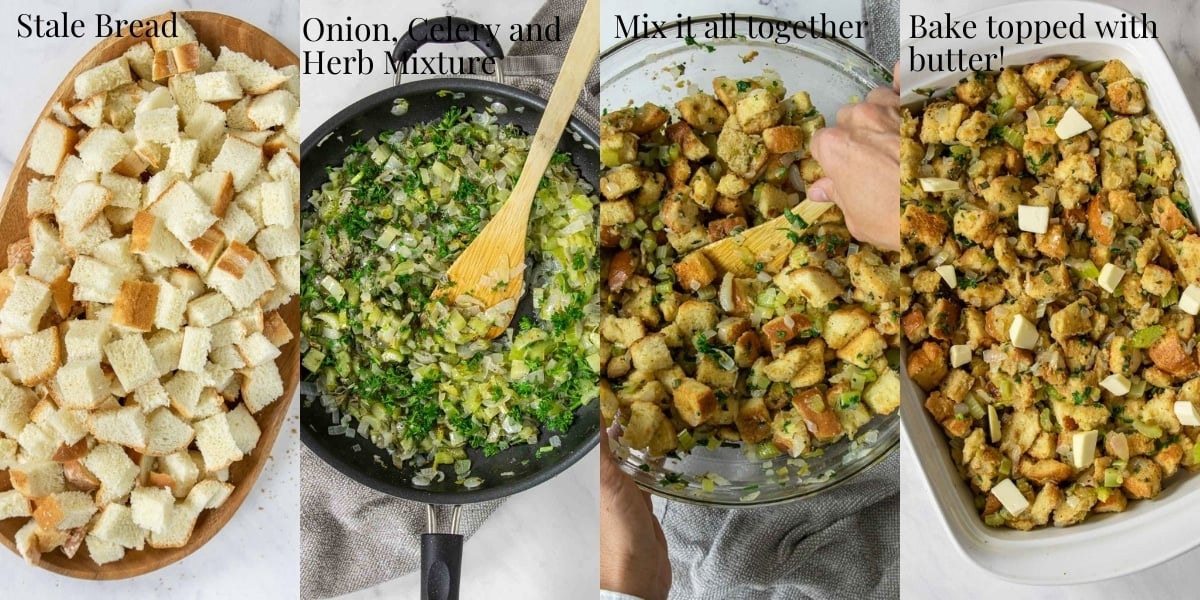 Four pictures showing how to make homemade stuffing