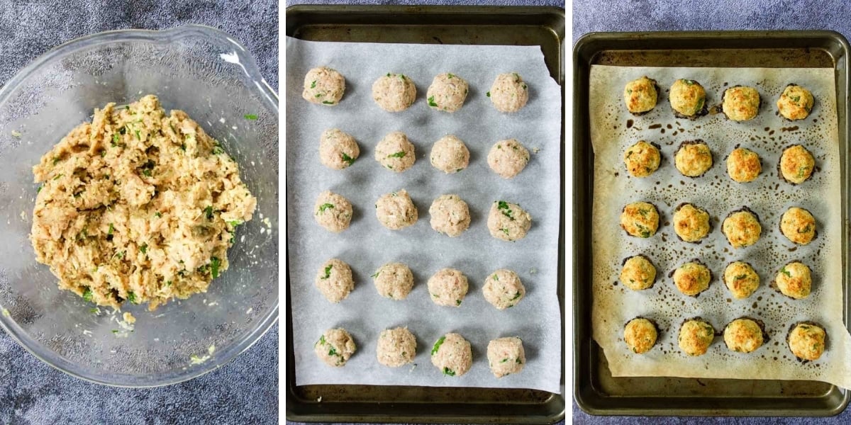 three steps for making ground chicken meatballs - mixture, raw meatballs, and baked