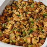 traditional bread stuffing in a baking dish