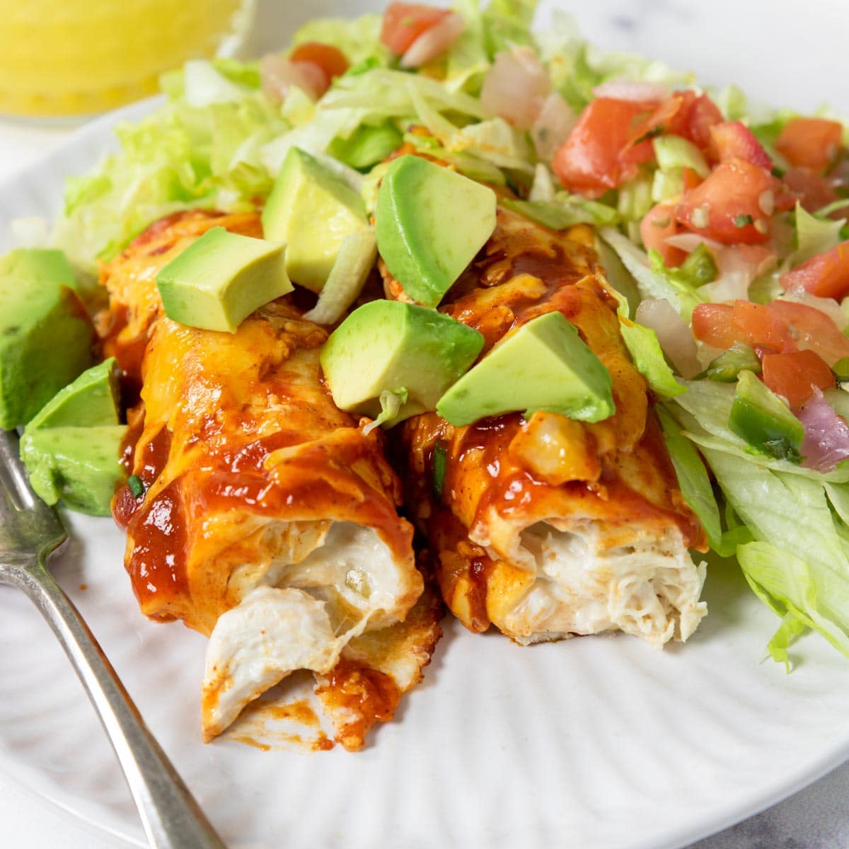 Easy Enchiladas ￼ Frozen chimichangas from Costco Green enchilada sauce  Jack cheese Onion (optional) Directions: Pour a littl…