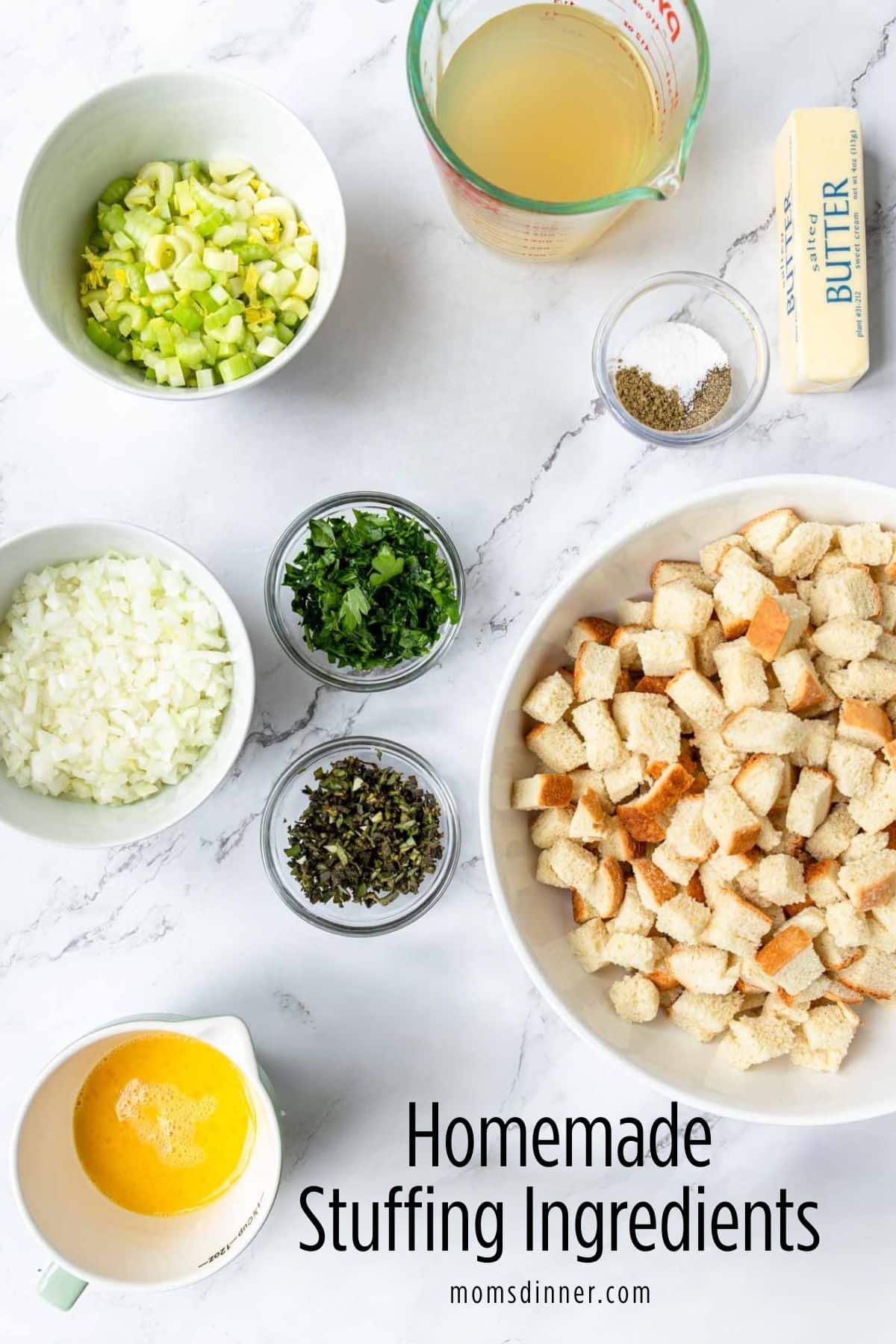 Traditional Stuffing Recipe ingredients on a table