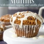 coffee cake muffins on a cake plate with pinterest text
