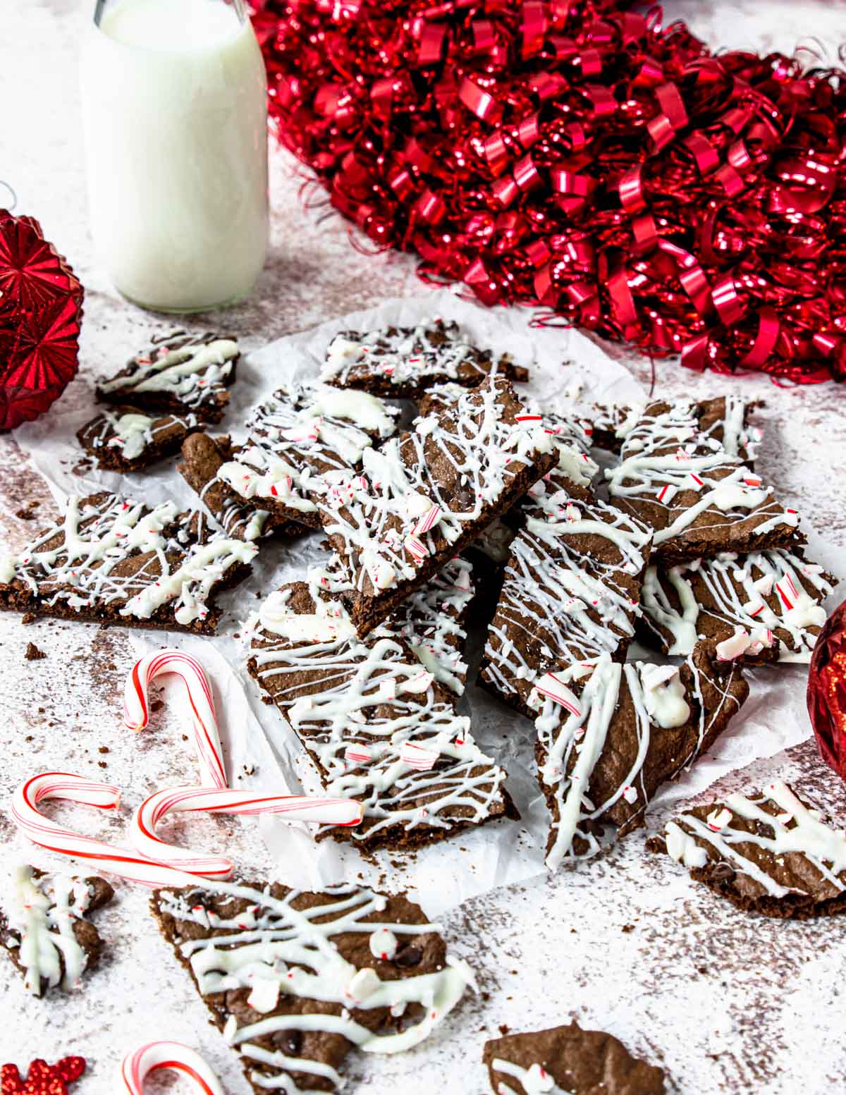 peppermint brownie brittle, candy canes and a wreath