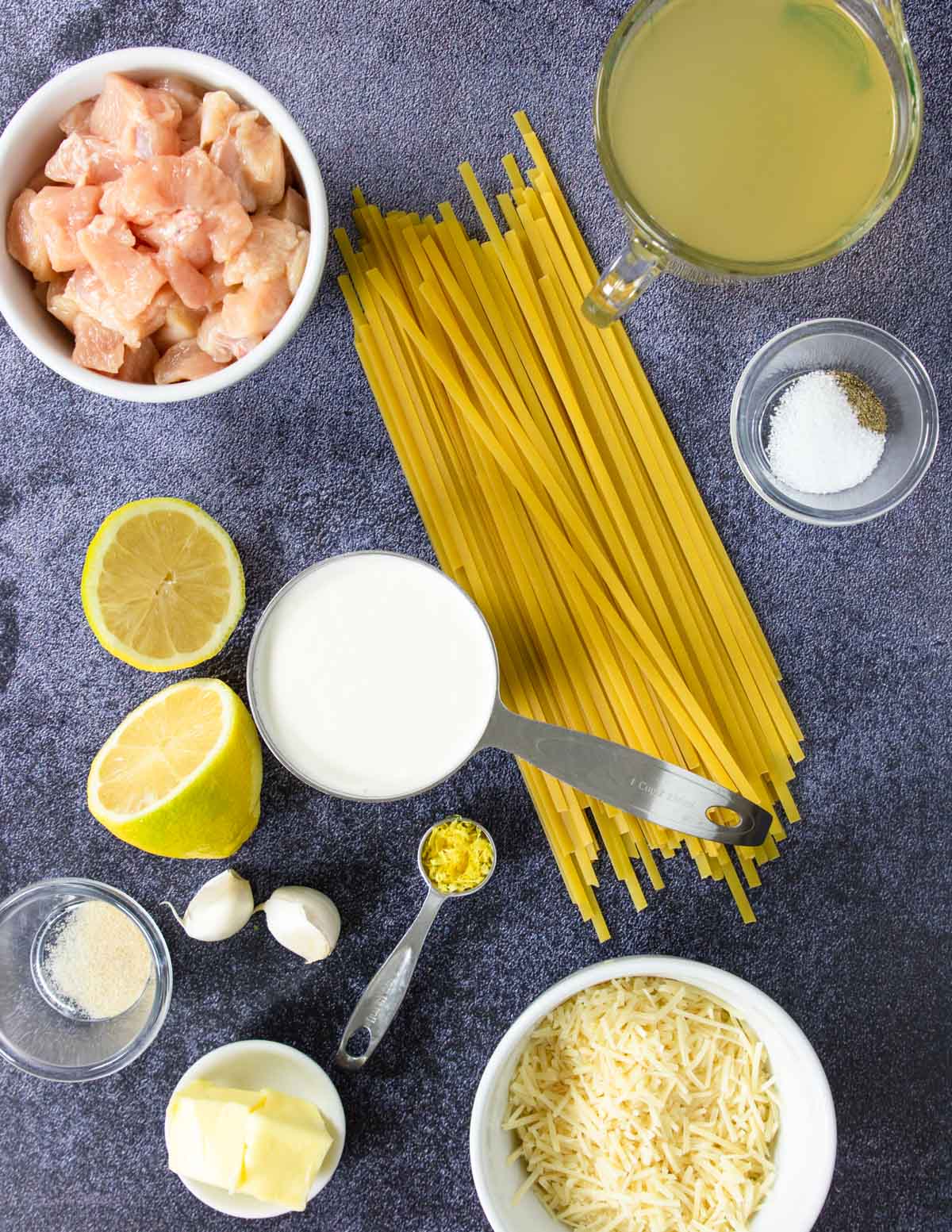 Instant Pot Chicken Alfredo Ingredients on a counter