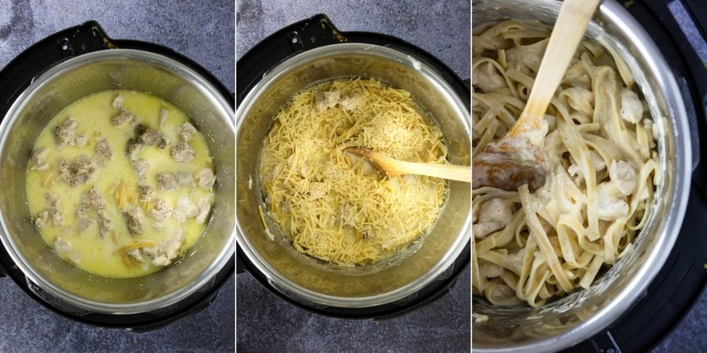 3 photos - chicken alfredo in the instant pot, adding parmesan cheese, and the completed dish in the instant pot