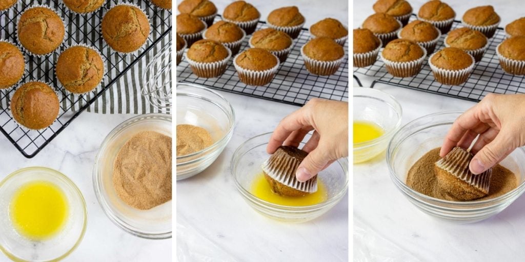 dipping snickerdoodle muffins in cinnamon and sugar