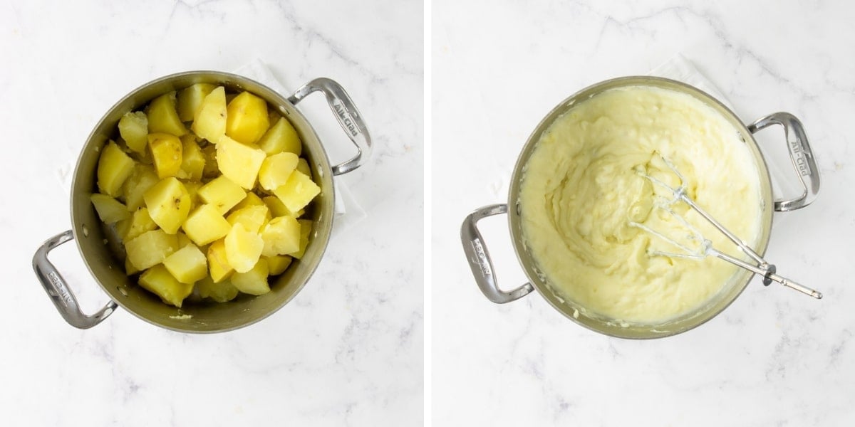 boiled yukon gold potatoes in a pot and mashed potatoes in a pot