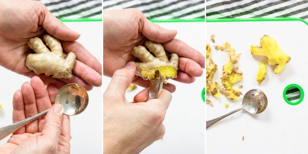 images showing step-by-step how to peel ginger