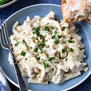 creamy chicken and noodles in a bowl with a side of bread