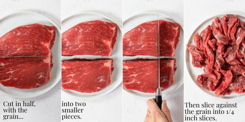 steps showing how to cut flank steak