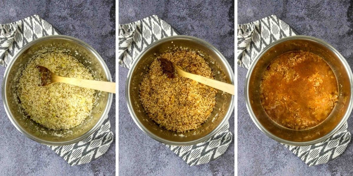 steps one through three for making mexican rice in the instant pot