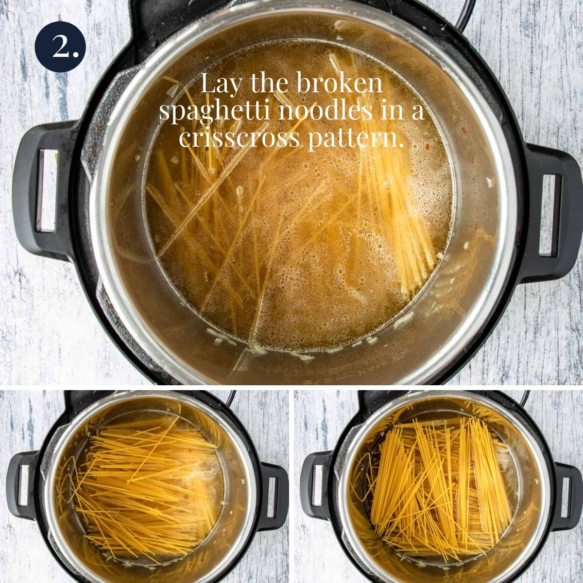 three pictures of spaghetti being crisscrossed in the instant pot