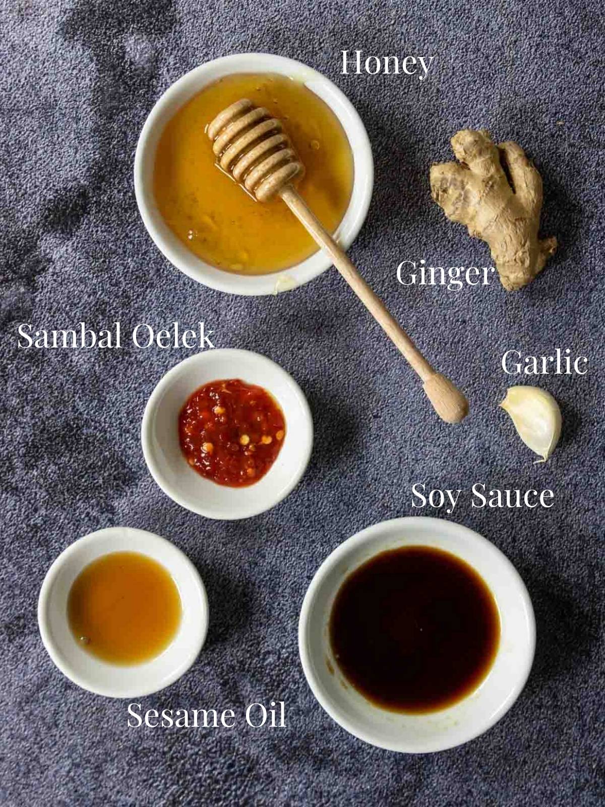 ingredients for an Asian Sauce on a table with labels