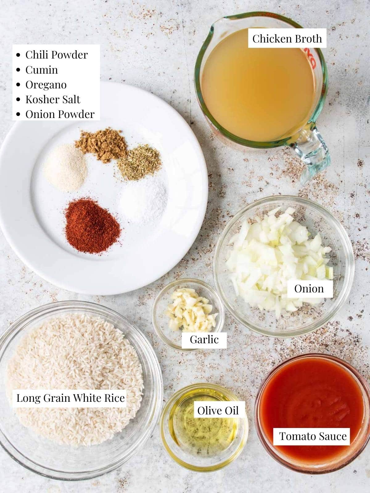 Mexican rice ingredients on a table with labels
