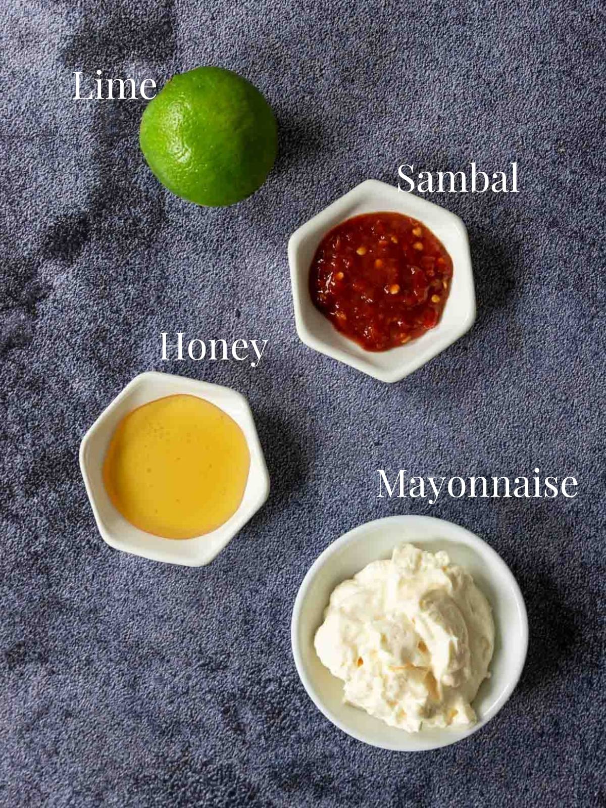 ingredients for Sambal Aioli on a table with text