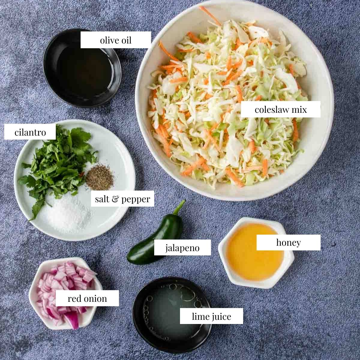 ingredients for cilantro lime slaw with labels