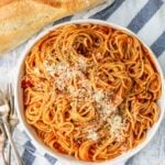 a big bowl of spaghetti with marinara
