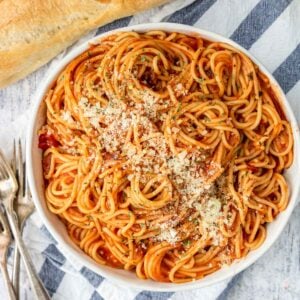 spaghetti with red sauce in a bowl