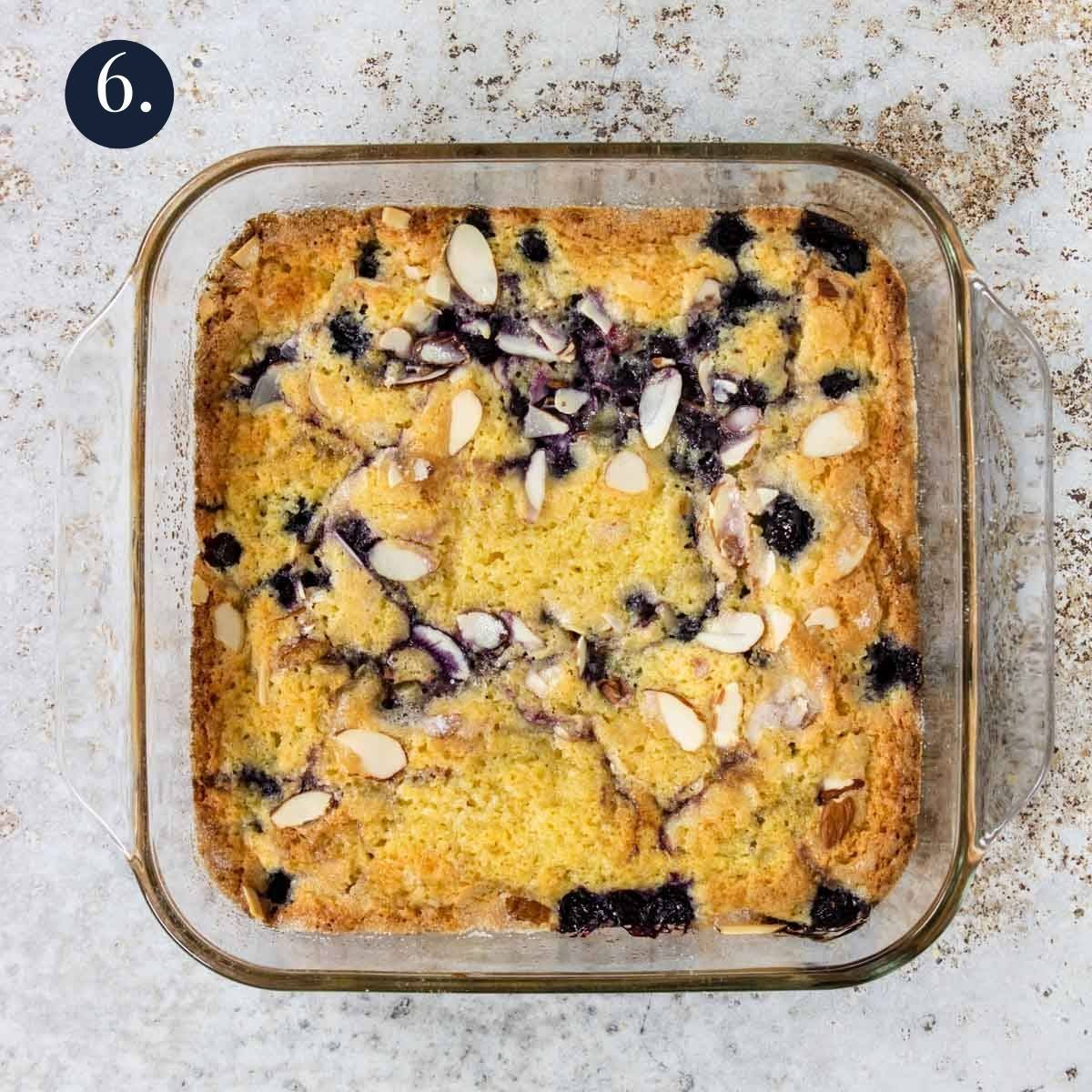 blueberry breakfast cake in a glass baking pan