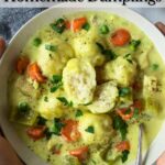 chicken and dumplings in a bowl with text overlay for Pinterest