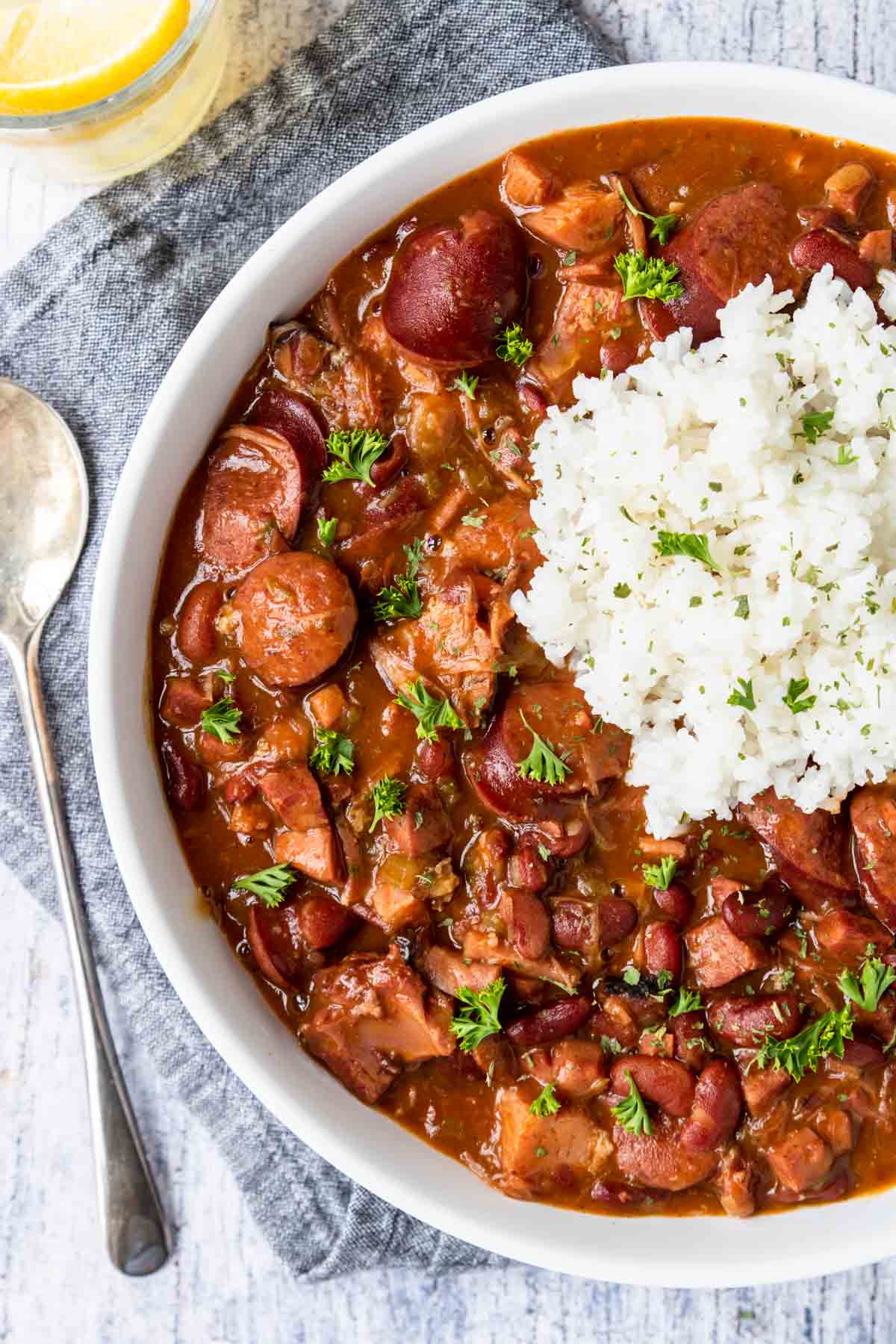 red beans and sausage topped with white rice