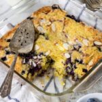 an 8x8 pan with lemon blueberry breakfast cake