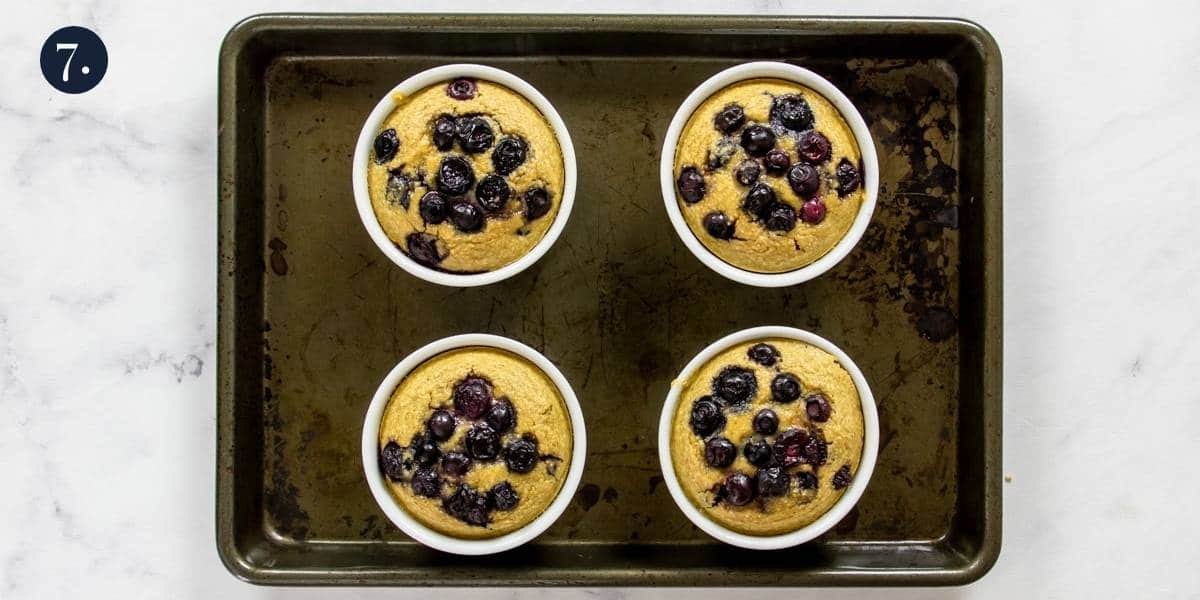 baked steel cut oats in ramekins topped with blueberries