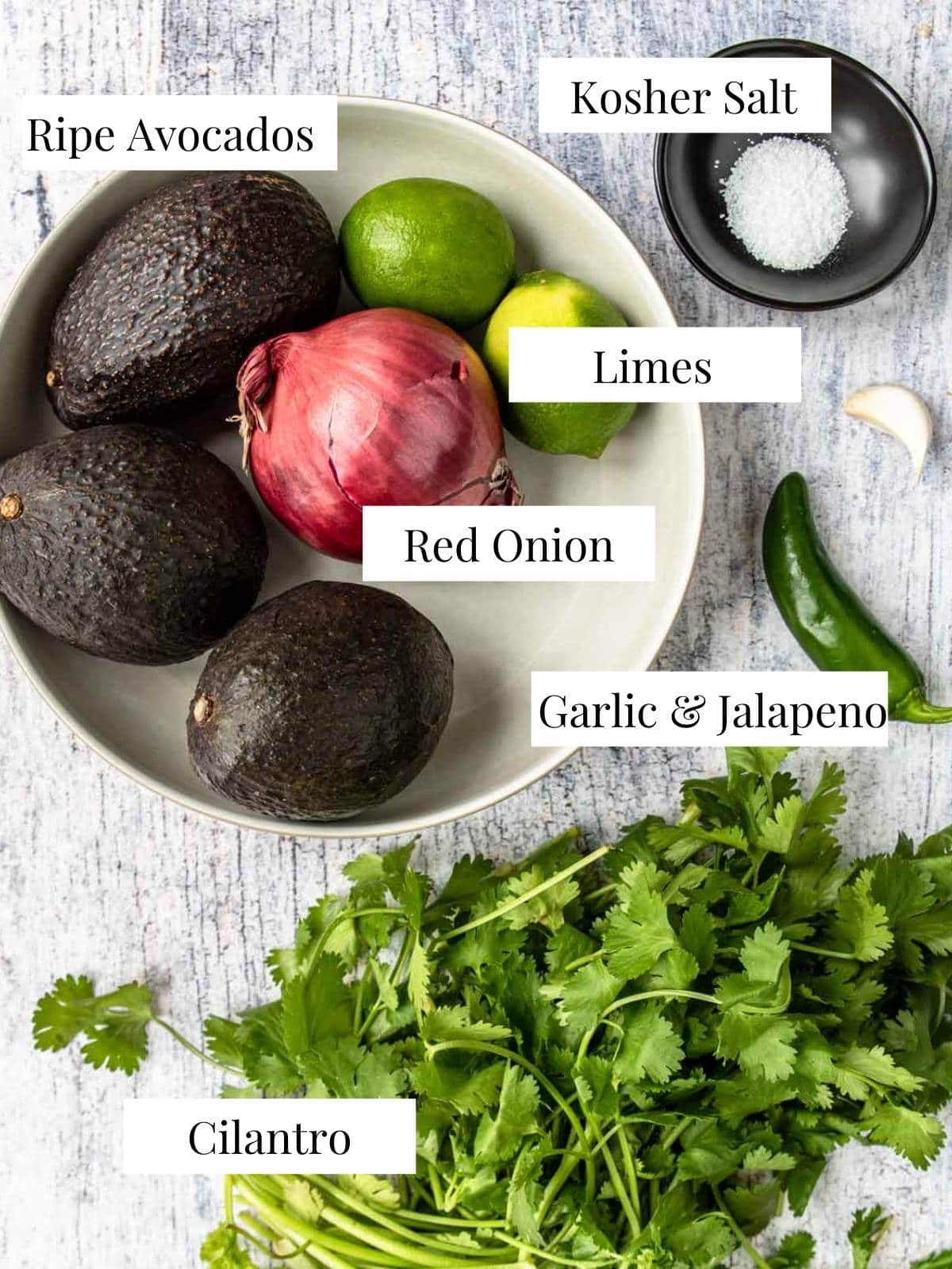 ingredients for guacamole on a table with text labels