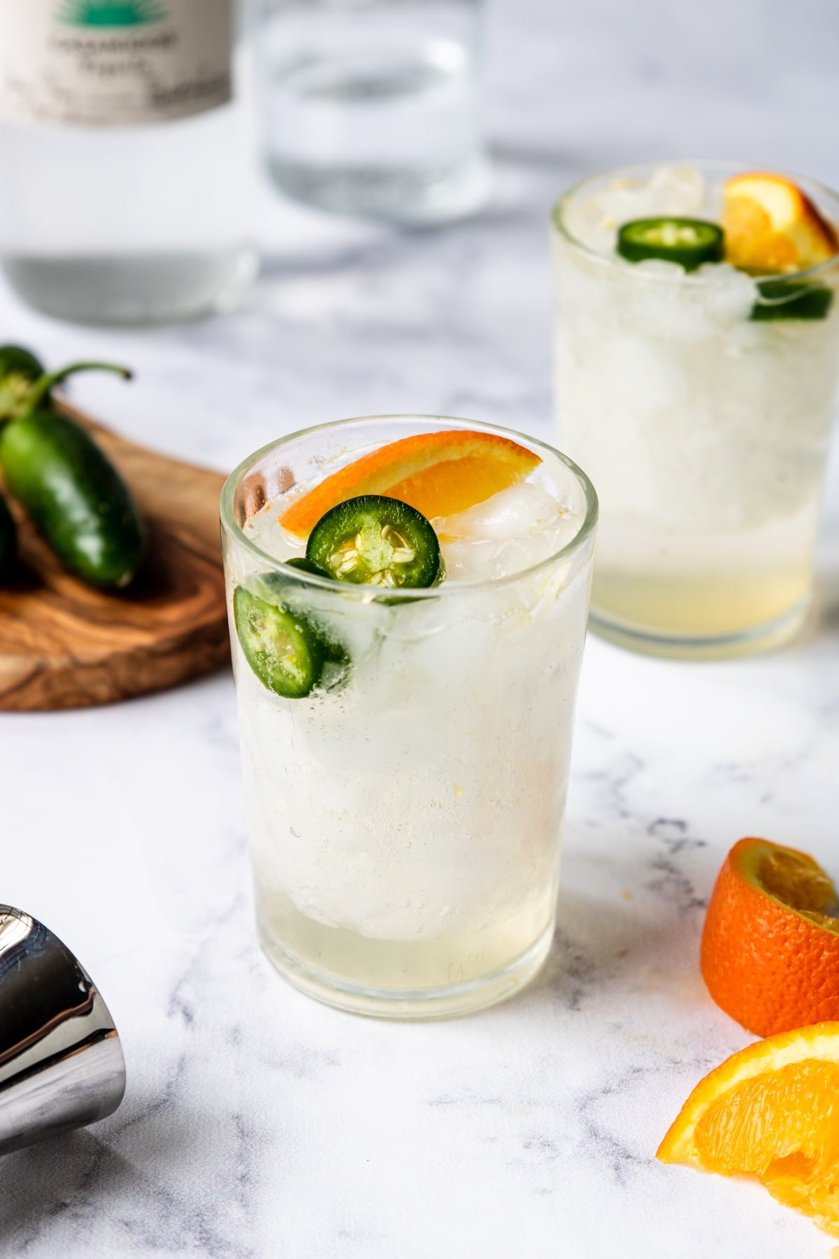 Tequila Cooler with Orange and Jalapeno in a glass 